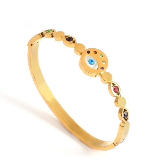 Evil Eye Bracelet, Protection Birthstone Bracelet, Gold Bangle Cuff Bracelet - Picture 6 of 10